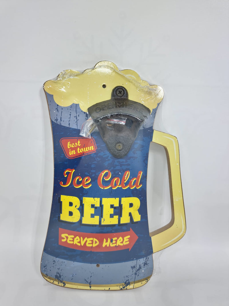 Metal bottle opener on Wooden board Beer Mug