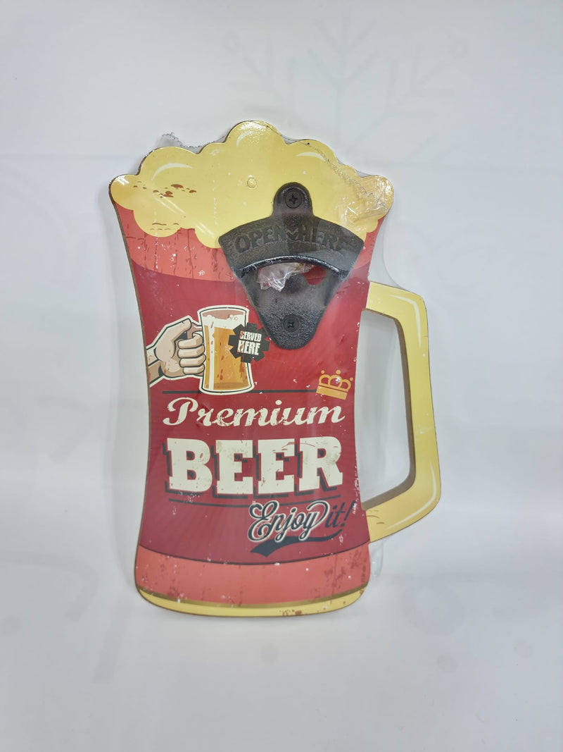 Metal bottle opener on Wooden board Beer Mug