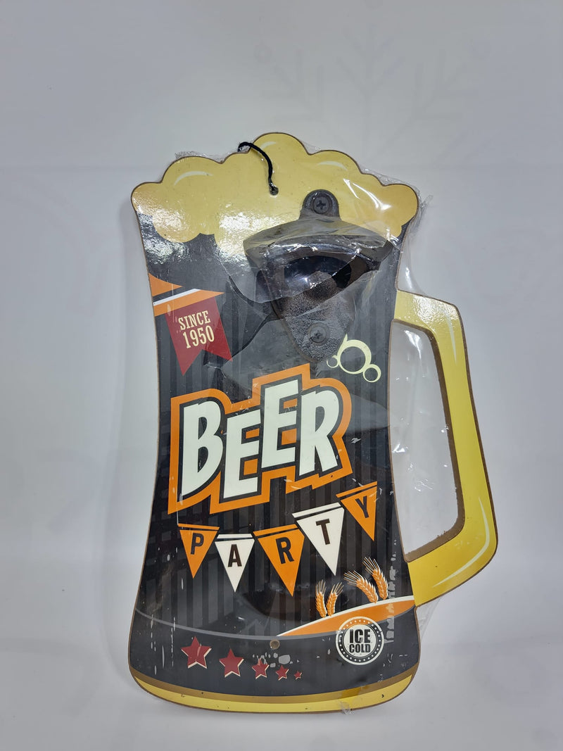 Metal bottle opener on Wooden board Beer Mug