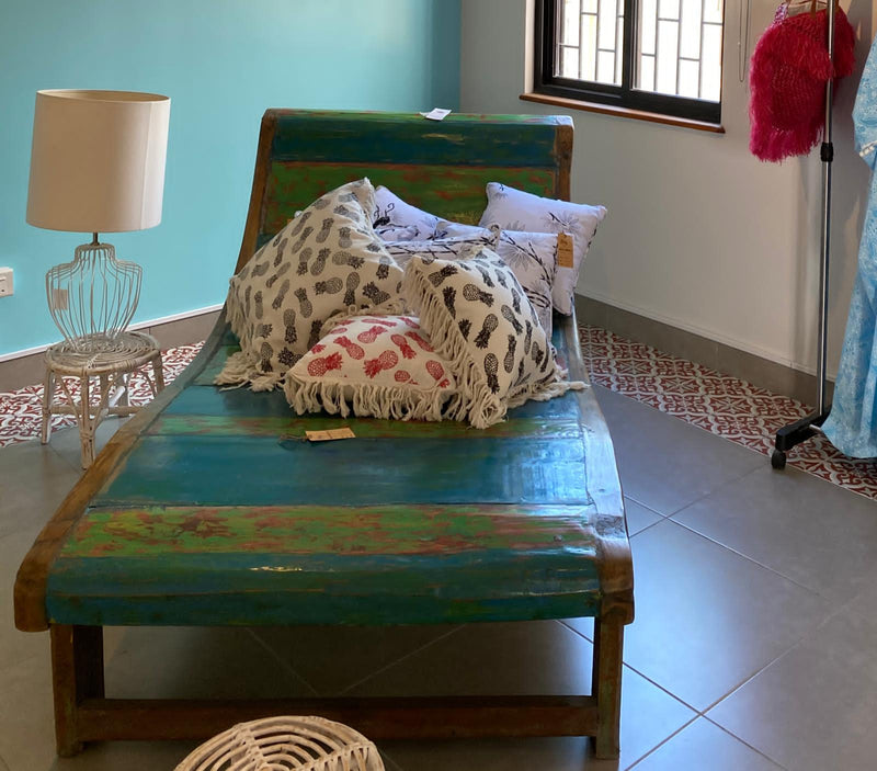 Green Wooden Daybed and teak coffee table