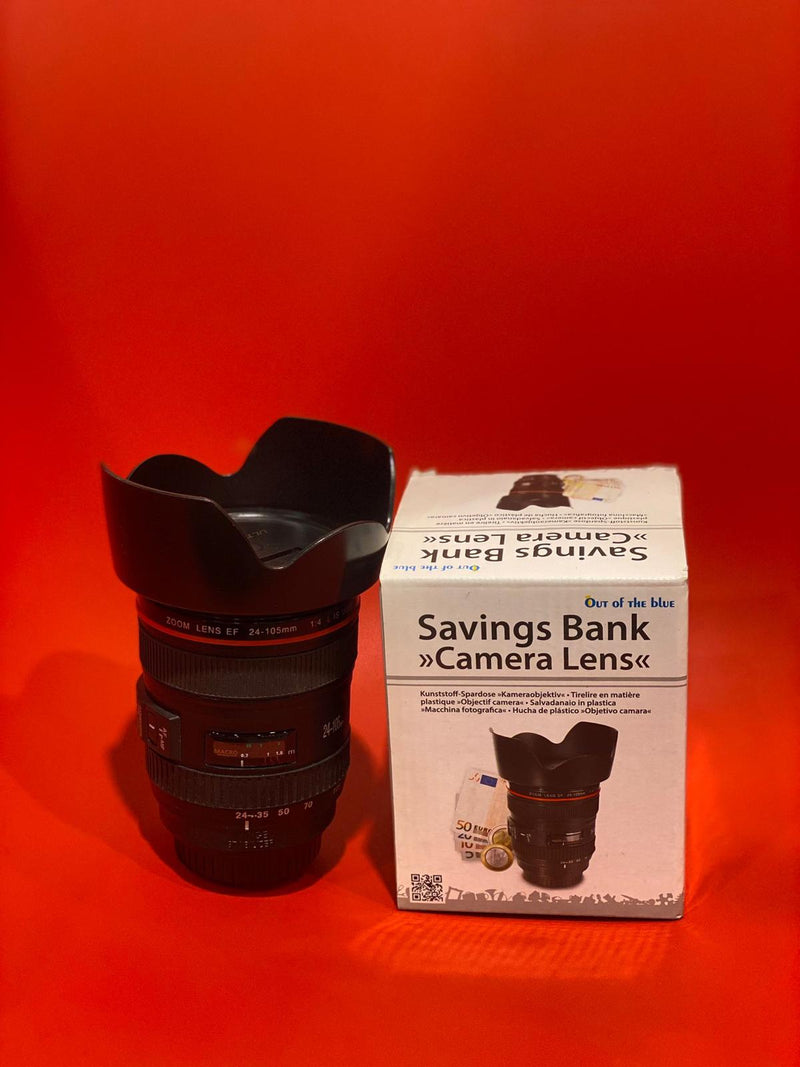 Plastic savings bank, camera lens